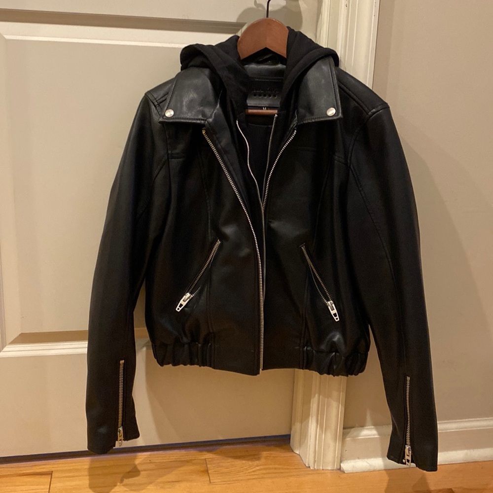 Leather Bomber Jacket with Removable Hood